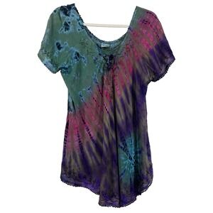 Wevez One Size M/L Flowy Asymmetrical Top Tie Dye Blouse Dark Fairy  Jewel Tone